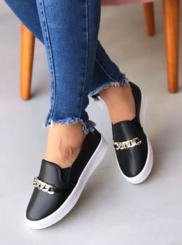 Tênis Feminino Slip Preto com Corrente