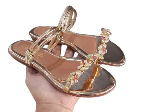 Sandália Feminina Rasteira Metalizada Strass Luxo Bronze