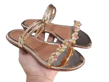 Sandália Feminina Rasteira Metalizada Strass Luxo Bronze