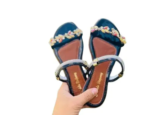 Sandália Feminina Rasteira Metalizada Strass Luxo Preto