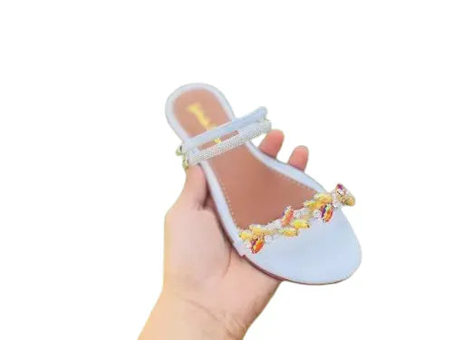 Sandália Feminina Rasteira Metalizada e Pedraria Strass Luxo Branco