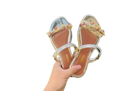 Sandália Feminina Rasteira Metalizada Pedraria e Strass Luxo Ouro