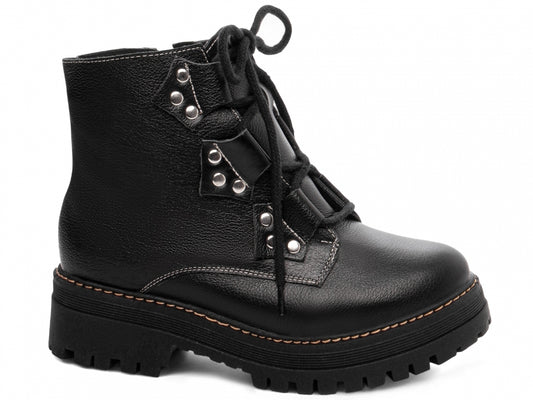 Bota Coturno Feminina Sola Tratorada com Zíper e Apliques Prata
