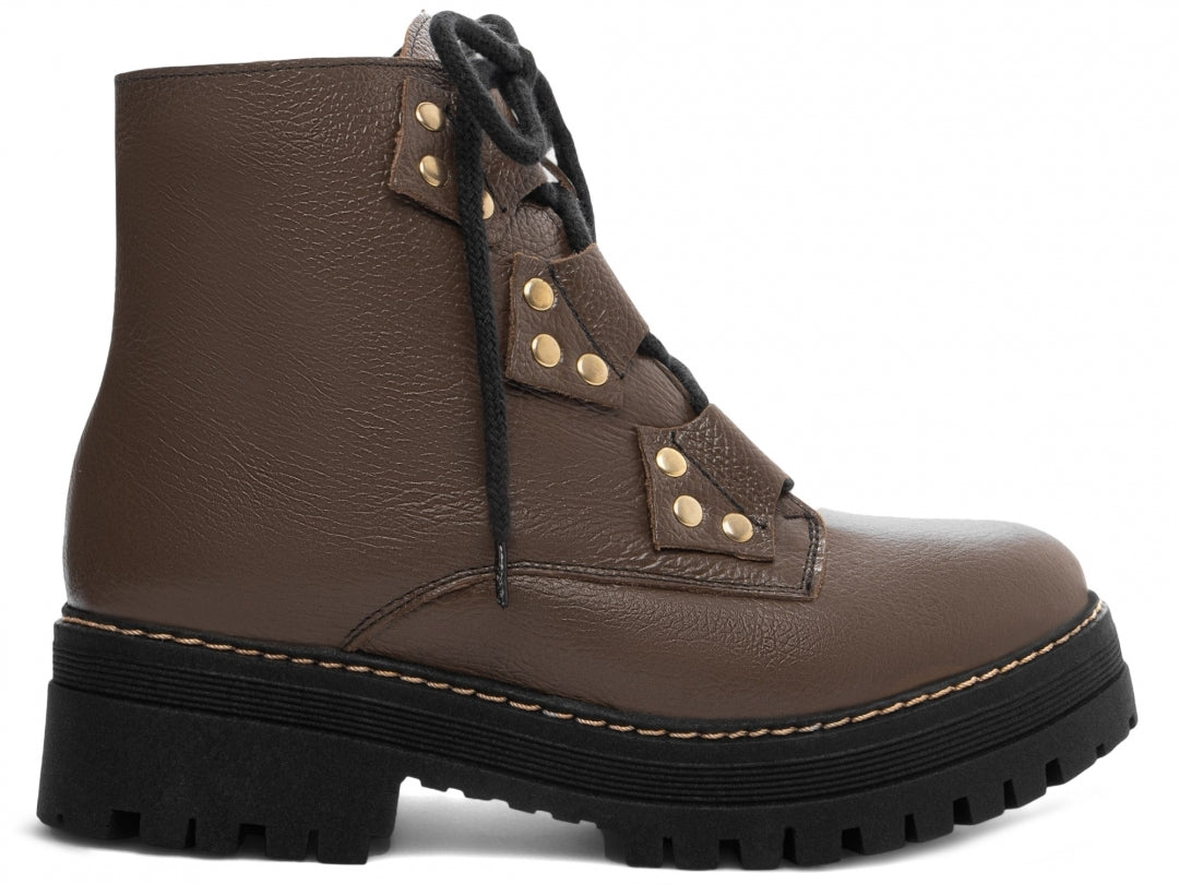 Bota Coturno Feminina Sola Tratorada com Zíper e Apliques Dourados