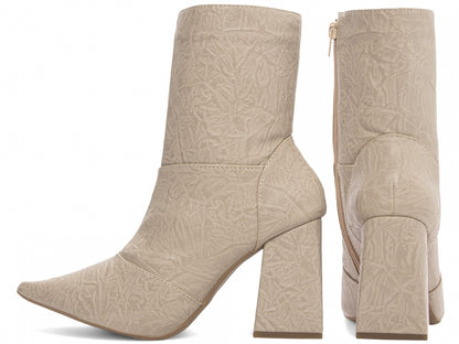 Bota Feminina Bico Fino Cano Médio Bege Vintage
