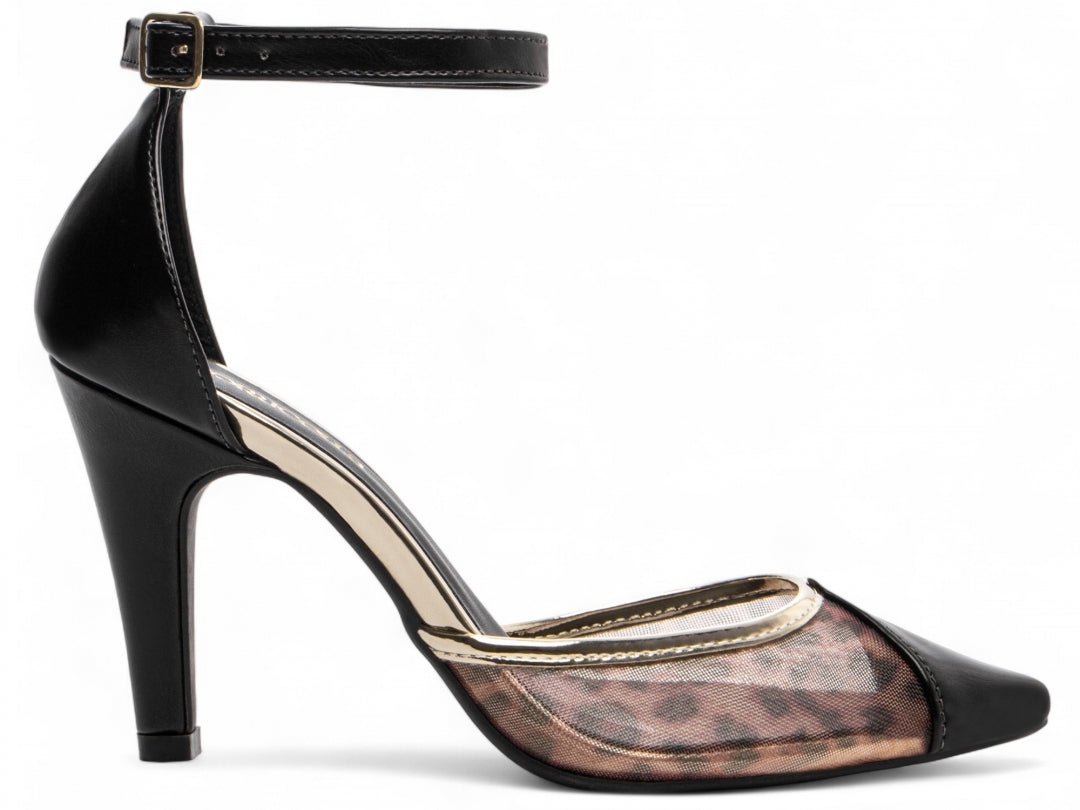 Scarpin Feminino Salto Alto com Fivela Dourada e Estampa Onça