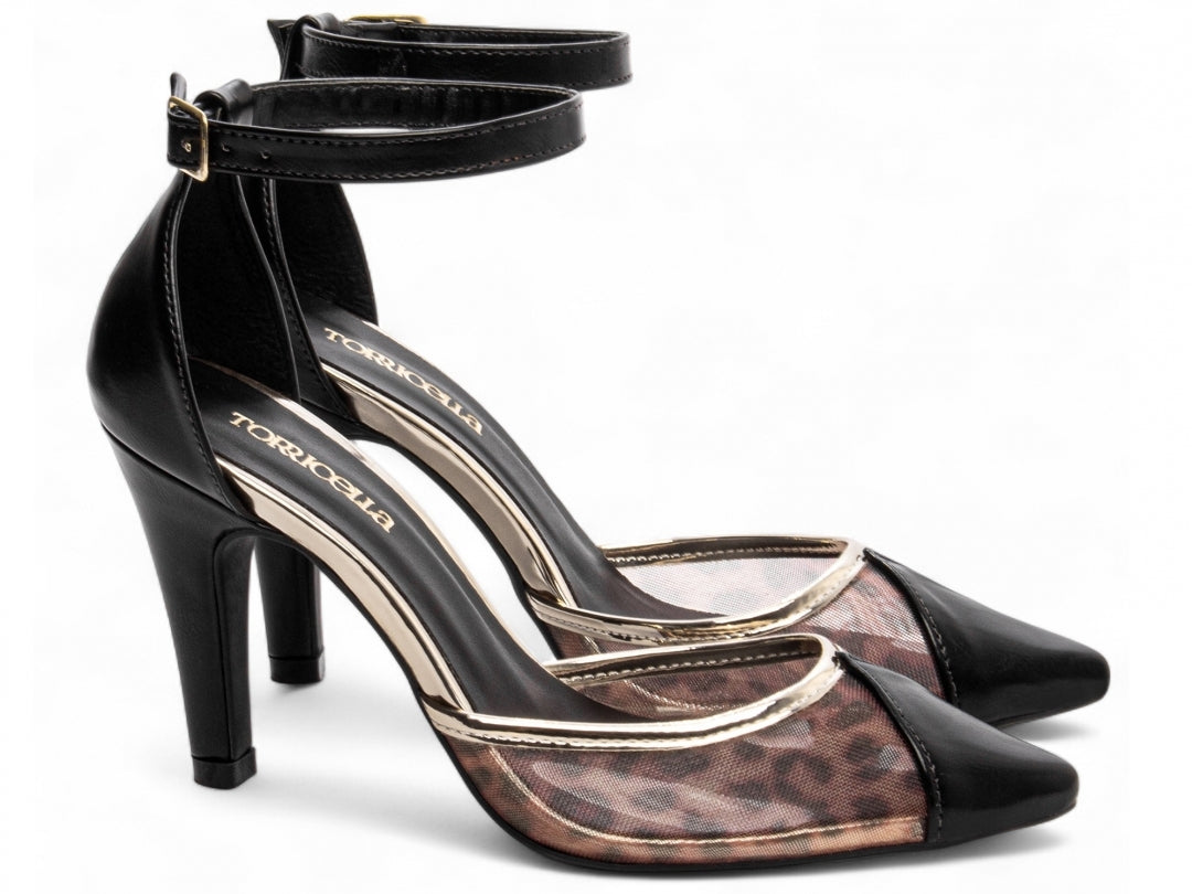 Scarpin Feminino Salto Alto com Fivela Dourada e Estampa Onça