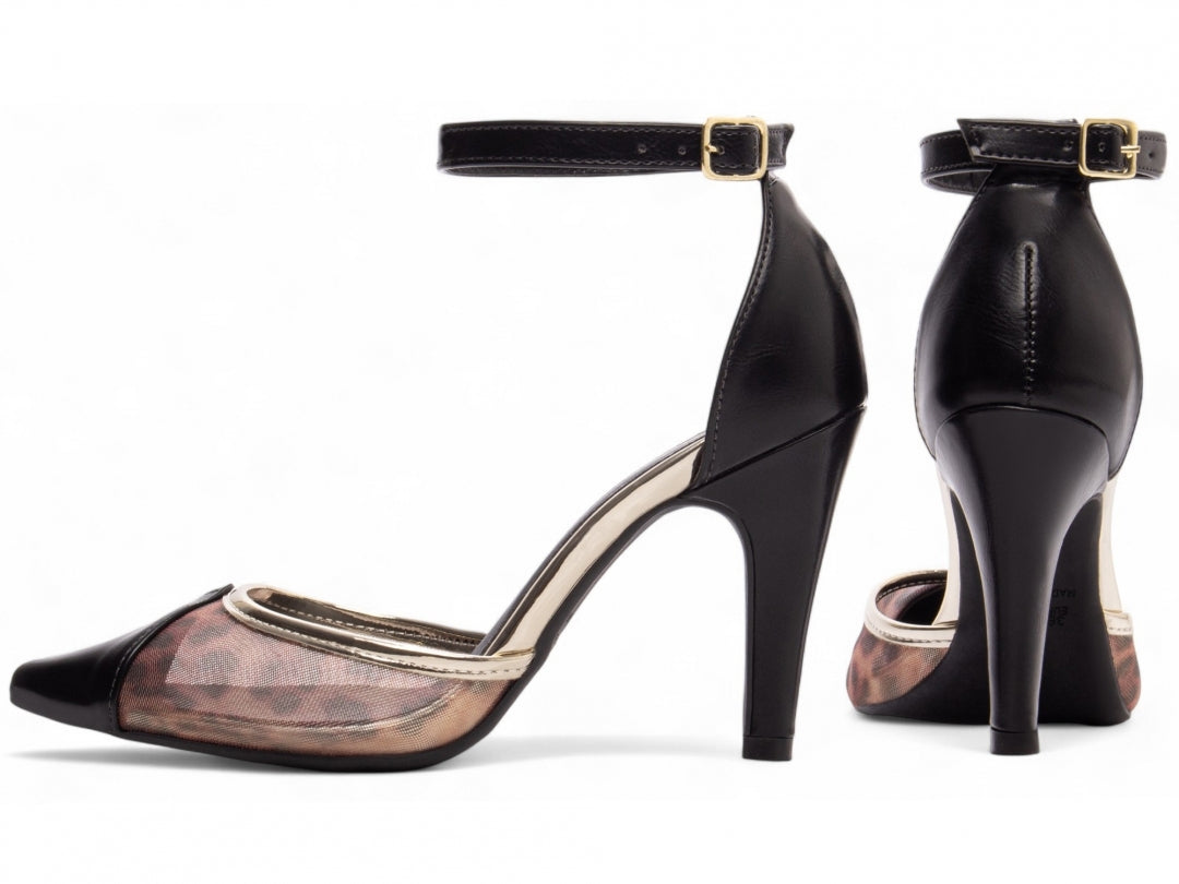 Scarpin Feminino Salto Alto com Fivela Dourada e Estampa Onça