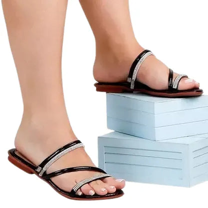 Sandália Feminina Rasteira Metalizada Strass Luxo Nude