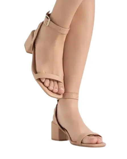 Sandália de Salto Quadrado Feminina Lisa com Fivela Nude